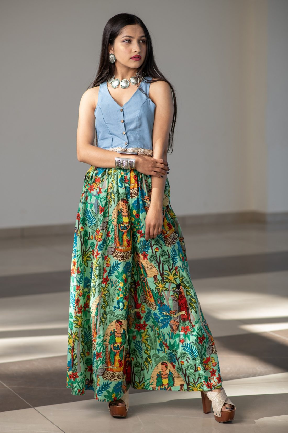 Set of 2: Green Kali pant and sleeveless denim top - Asharfi Design