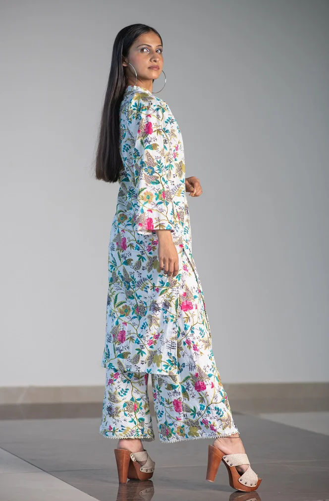 White Floral kurta-patti pallazo set - Image 5