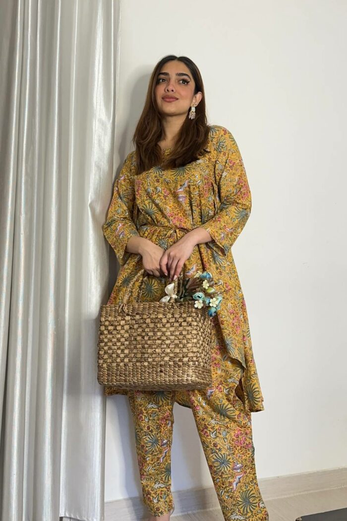 Printed mustard yellow pure cotton circular suit set - Image 6