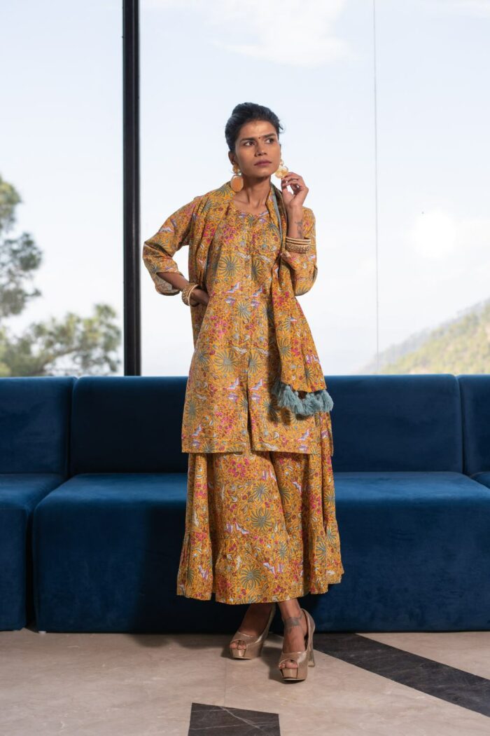 Sharara style 3-piece Musturd yellow cotton set with co-ord duppata - Image 6