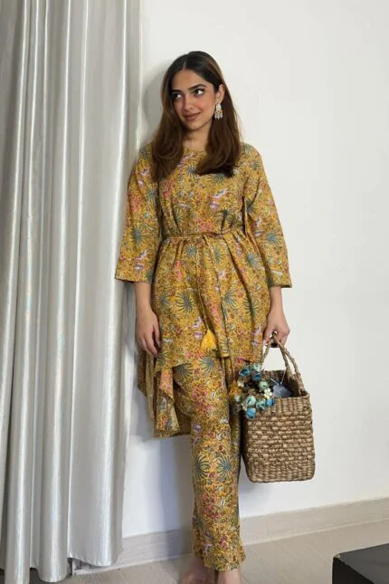 Printed mustard yellow pure cotton circular suit set