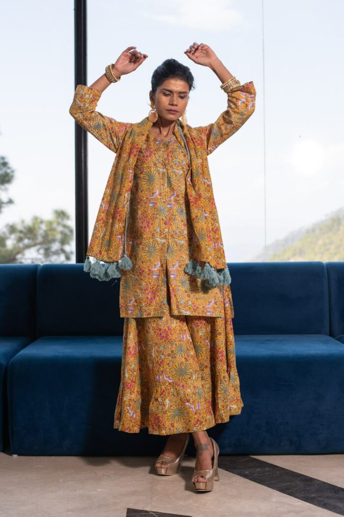 Sharara style 3-piece Musturd yellow cotton set with co-ord duppata - Image 5