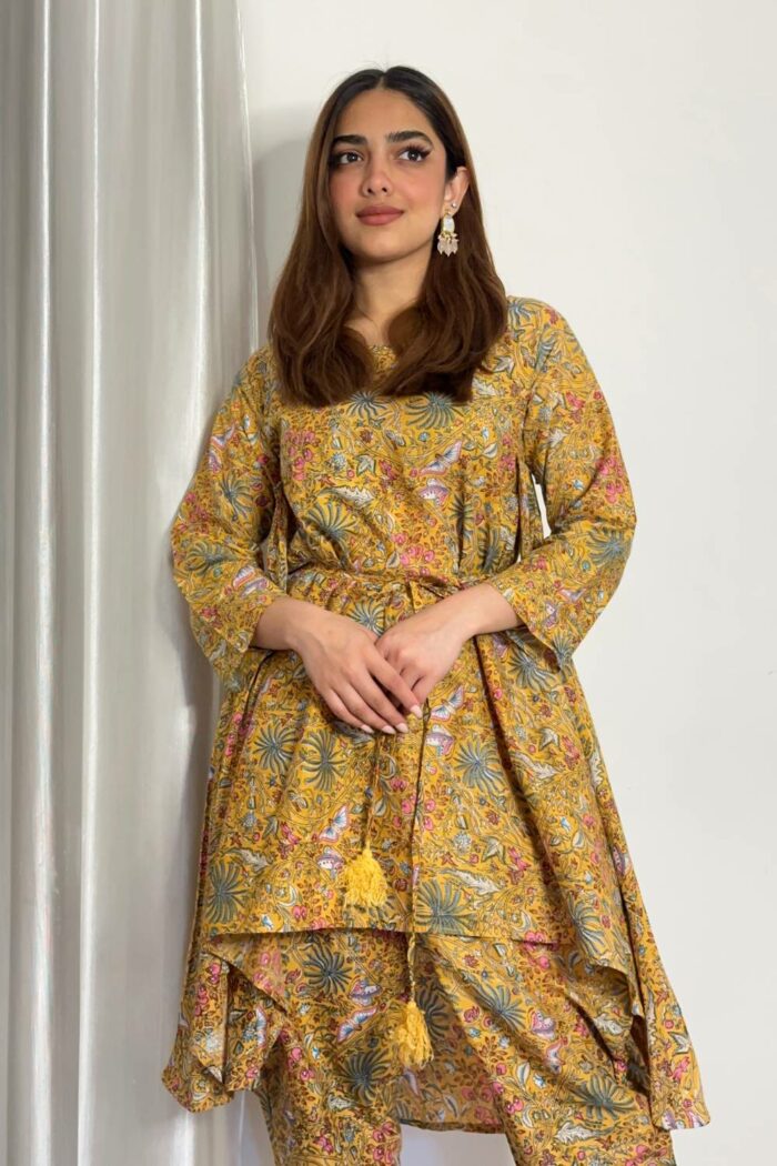 Printed mustard yellow pure cotton circular suit set - Image 7