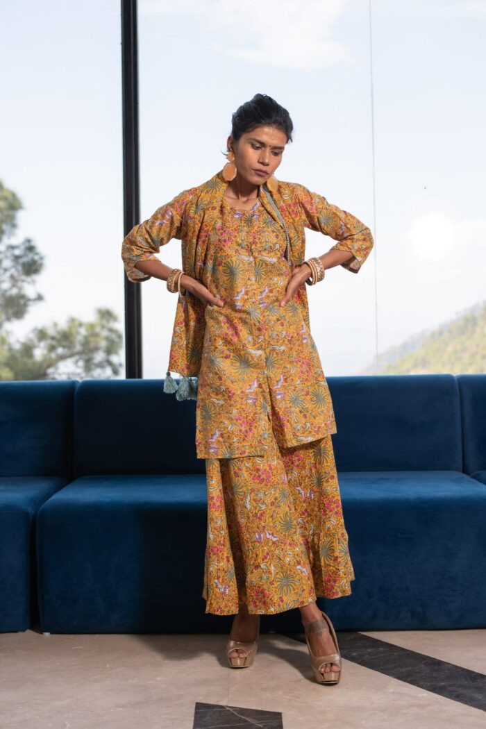 Sharara style 3-piece Musturd yellow cotton set with co-ord duppata - Image 4