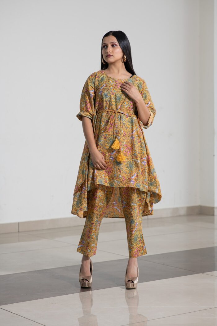 Printed mustard yellow pure cotton circular suit set - Image 2
