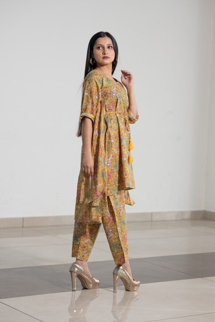Printed mustard yellow pure cotton circular suit set - Image 5