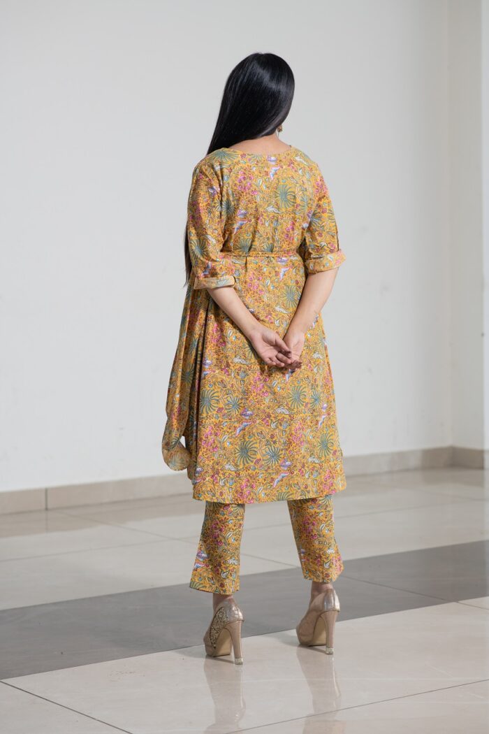 Printed mustard yellow pure cotton circular suit set - Image 3