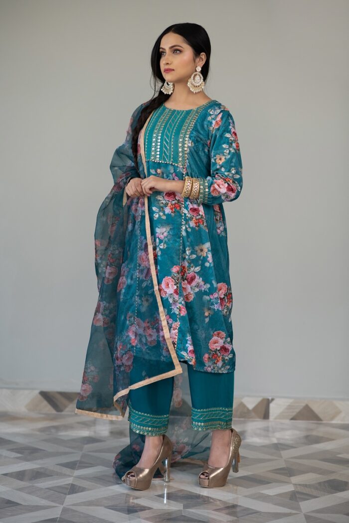Teal Printed Velvet Suit Set - Image 8