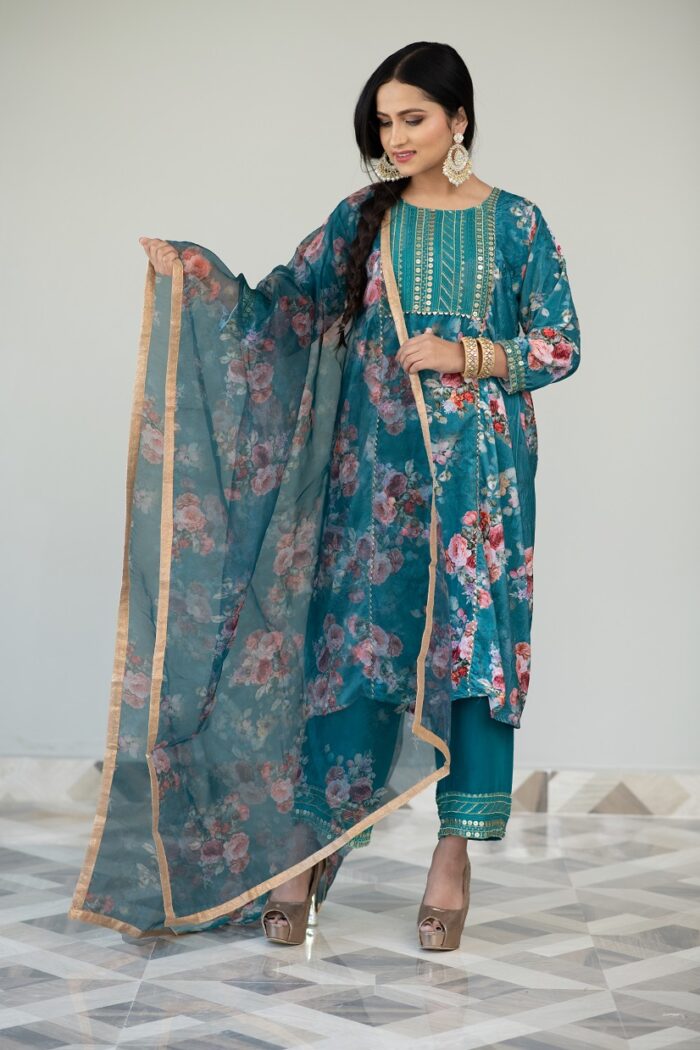 Teal Printed Velvet Suit Set - Image 7