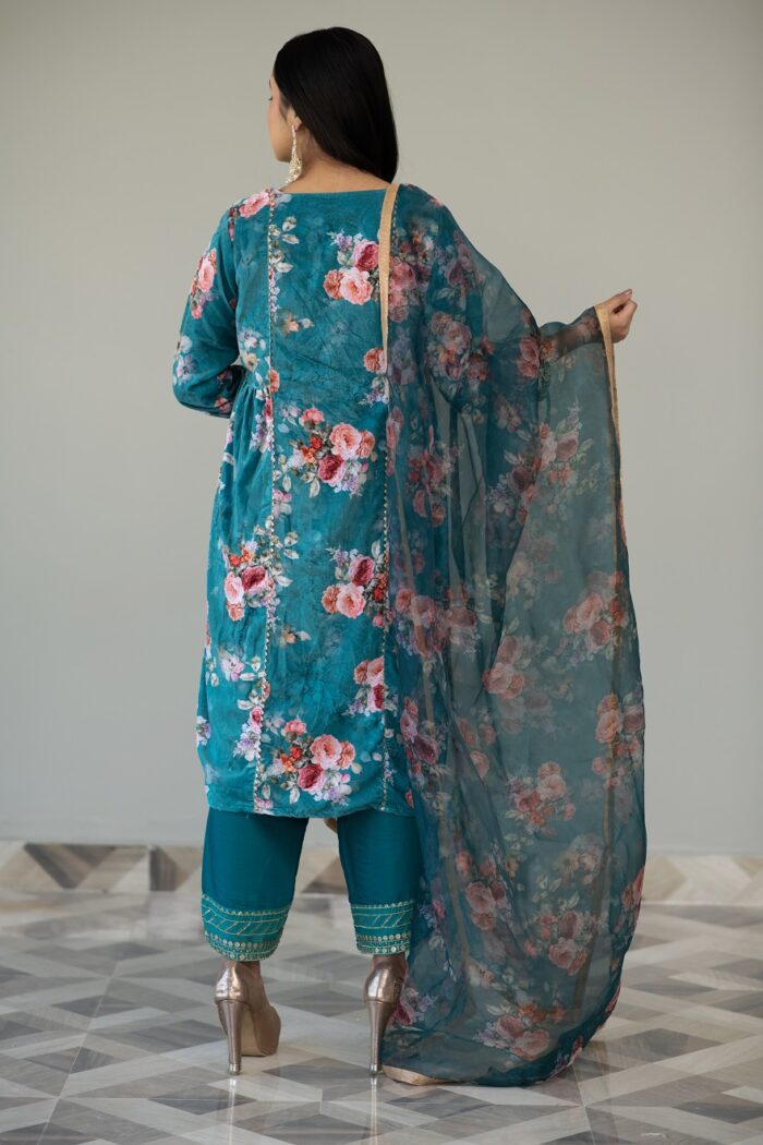 Teal Printed Velvet Suit Set - Image 5