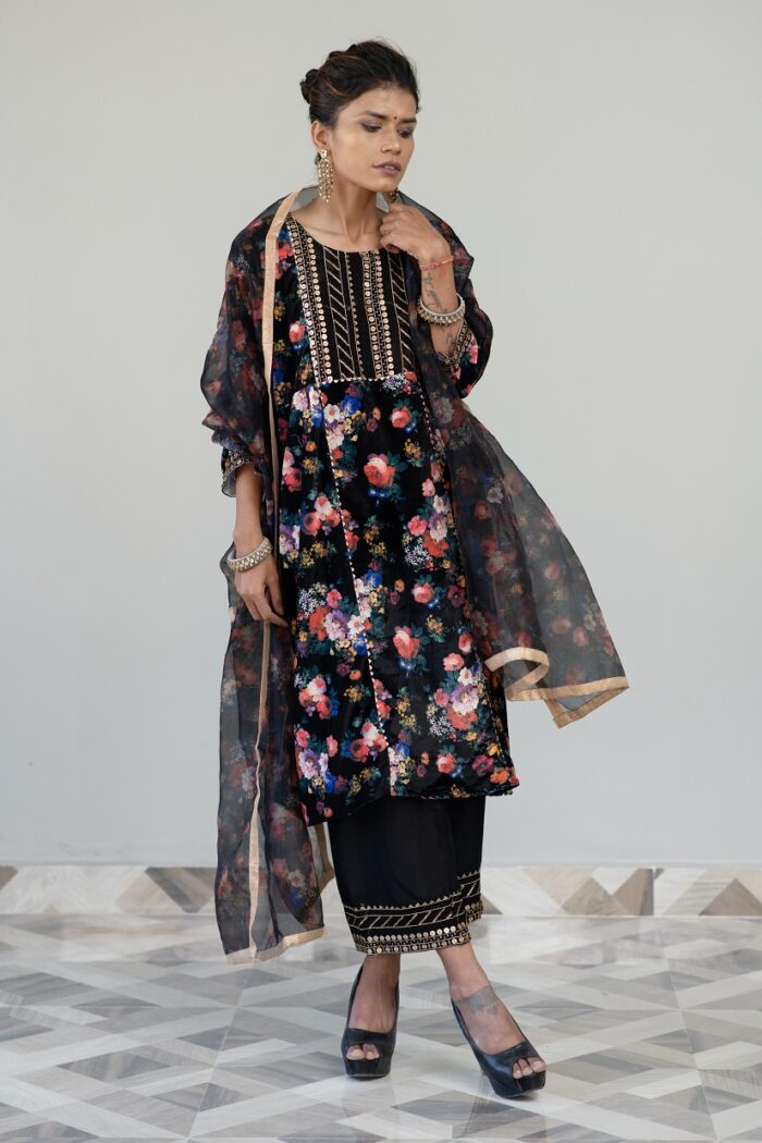 Black Printed Velvet Suit Set - Image 1