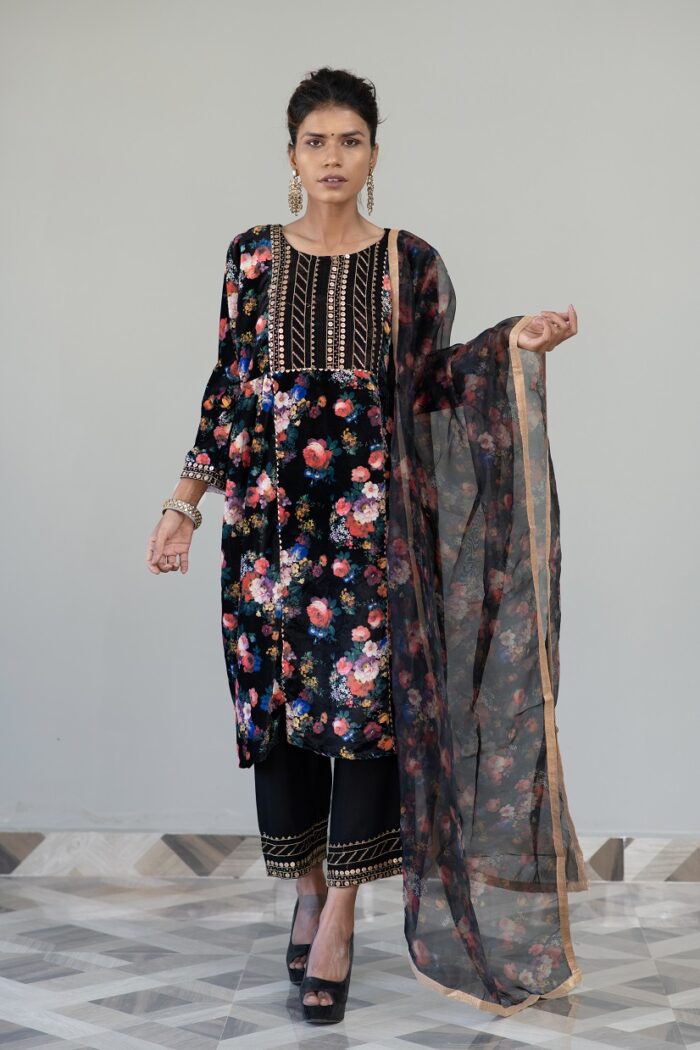 Black Printed Velvet Suit Set - Image 2