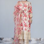 Beige Printed Velvet Suit Set