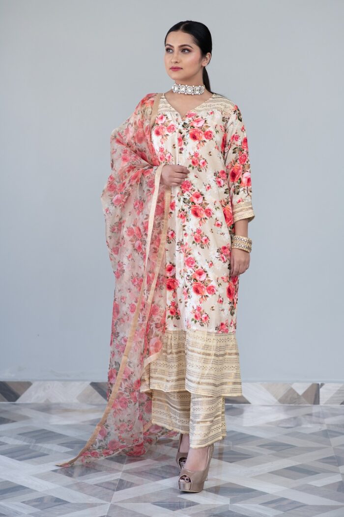 Beige Printed Velvet Suit Set - Image 1