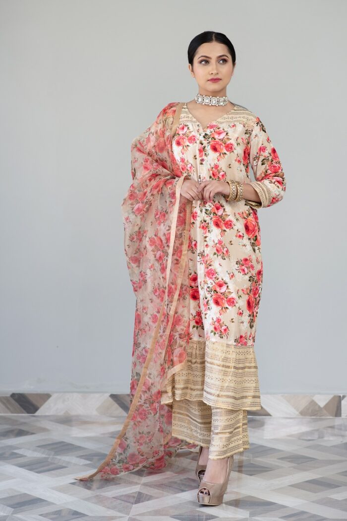 Beige Printed Velvet Suit Set - Image 2