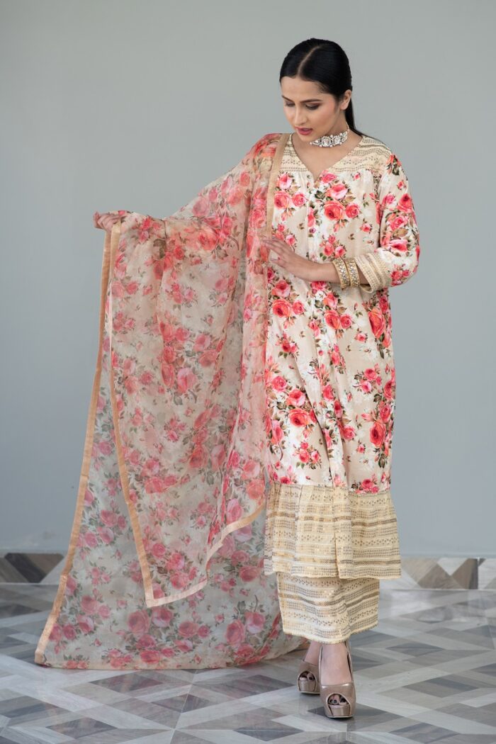 Beige Printed Velvet Suit Set - Image 4
