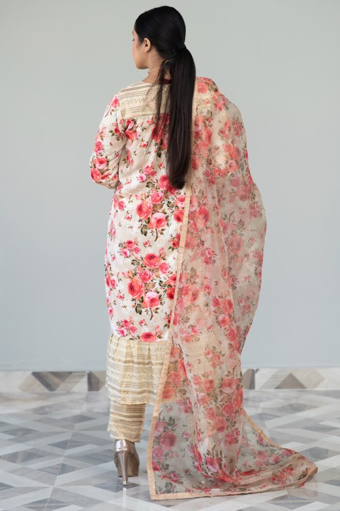 Beige Printed Velvet Suit Set - Image 6