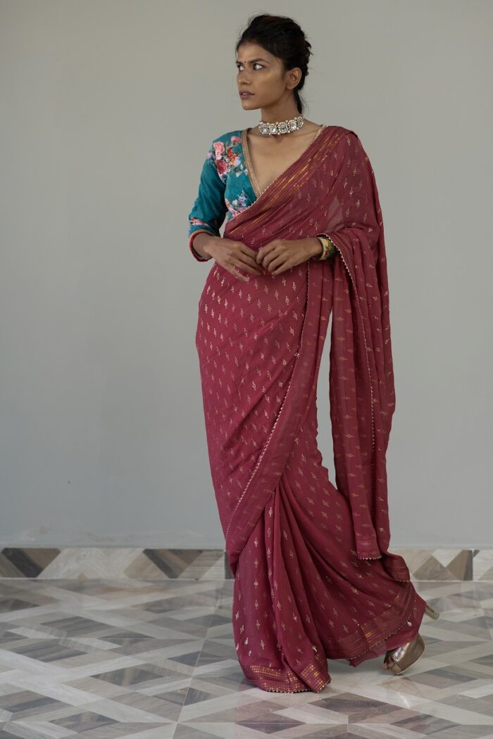 Fuchsia colored saree with blue velvet blouse - Image 3