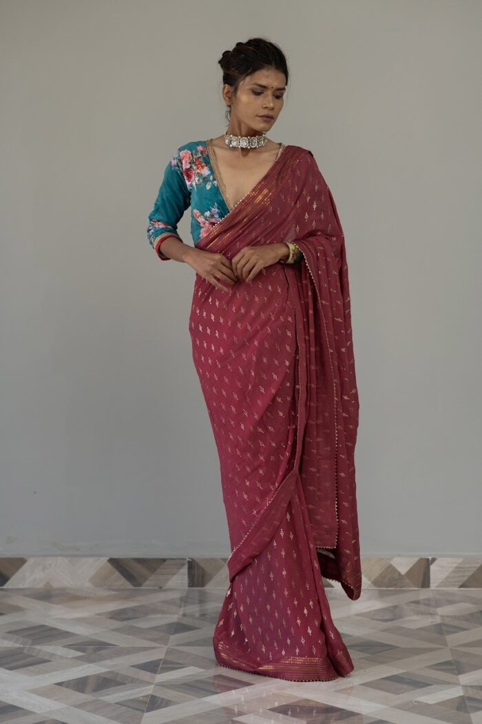 Fuchsia colored saree with blue velvet blouse - Image 1