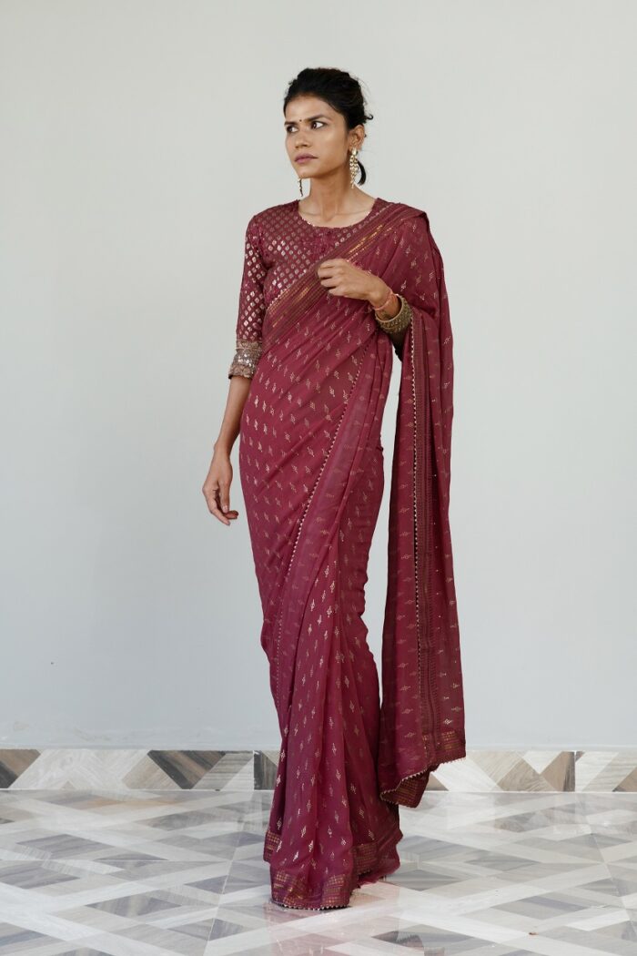 Fuchsia colored saree with embroidered blouse - Image 6