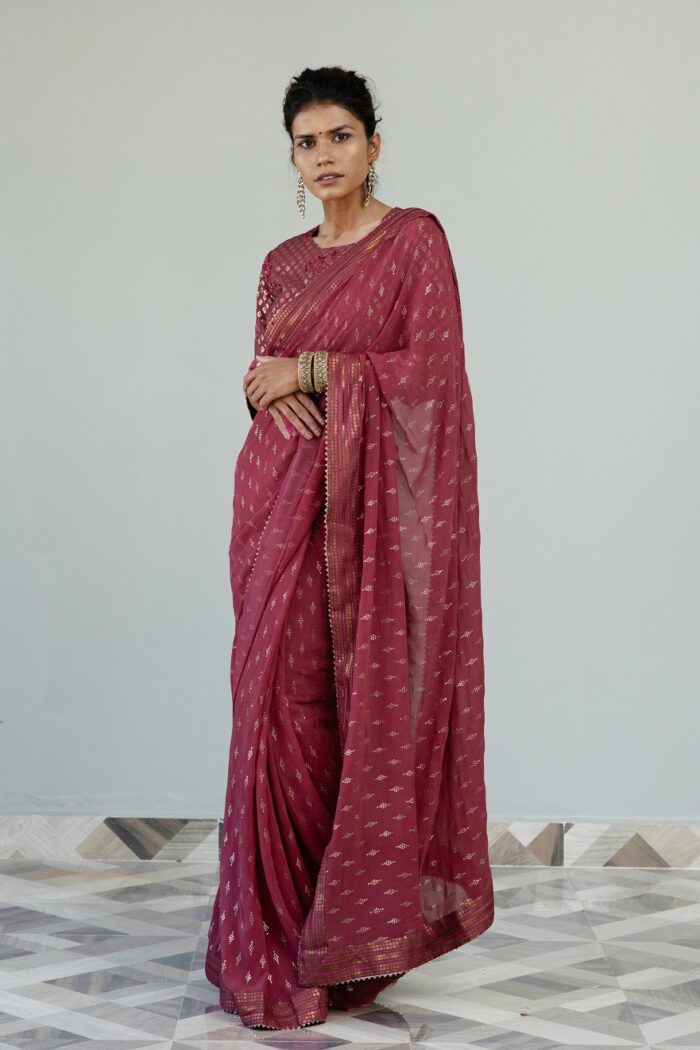 Fuchsia colored saree with embroidered blouse - Image 5