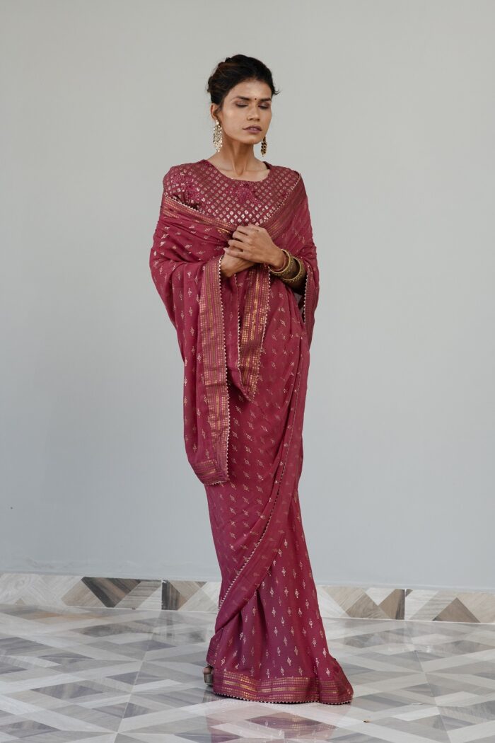 Fuchsia colored saree with embroidered blouse - Image 1