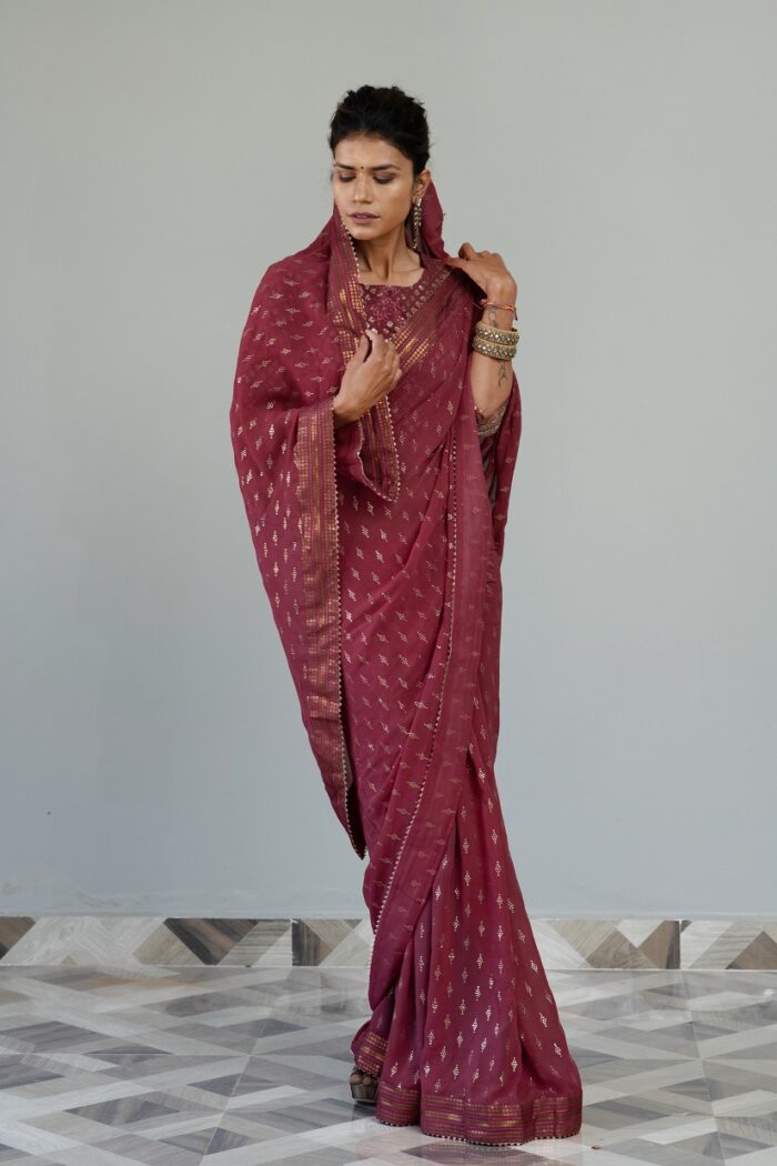 Fuchsia colored saree with embroidered blouse - Image 3