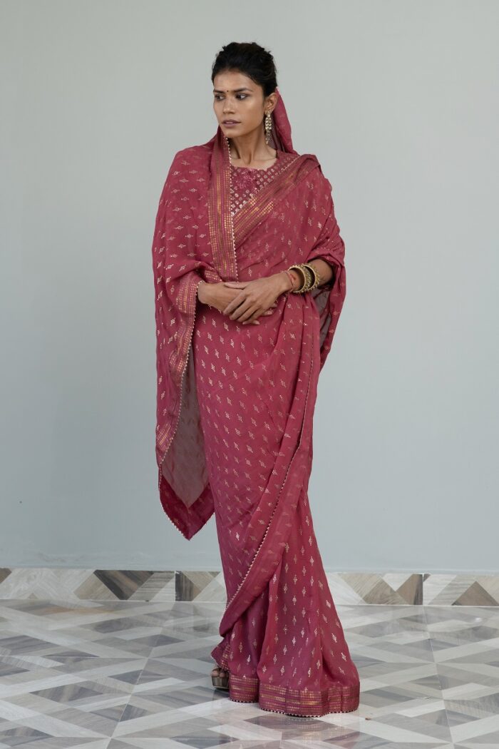 Fuchsia colored saree with embroidered blouse - Image 4