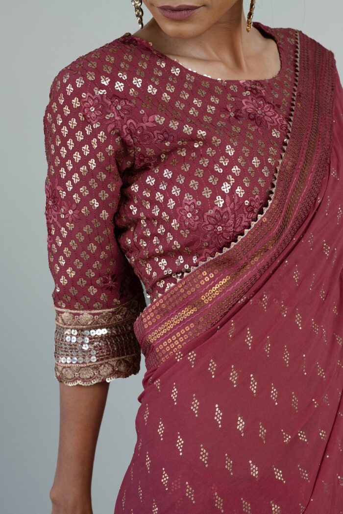 Fuchsia colored saree with embroidered blouse - Image 2