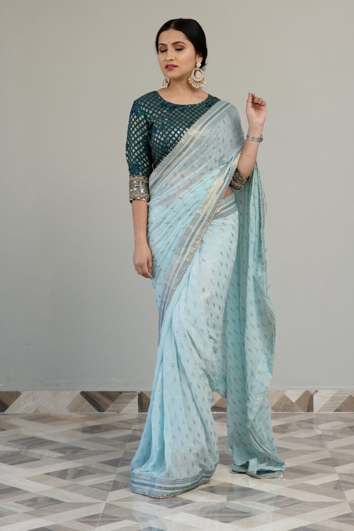 Sky blue light color saree with designer cut blouse fabric - Image 6