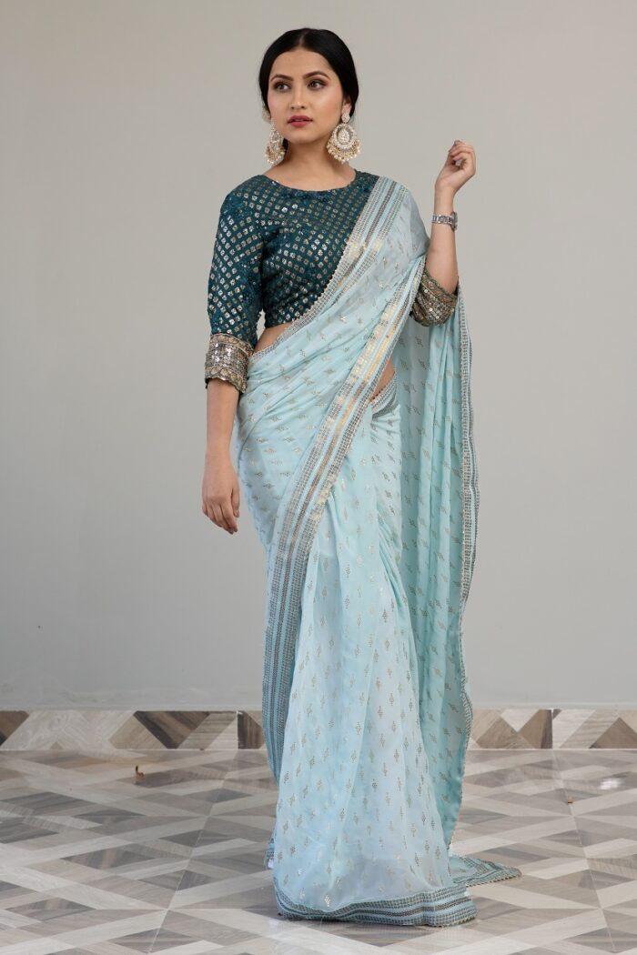 Sky blue light color saree with designer cut blouse fabric - Image 5