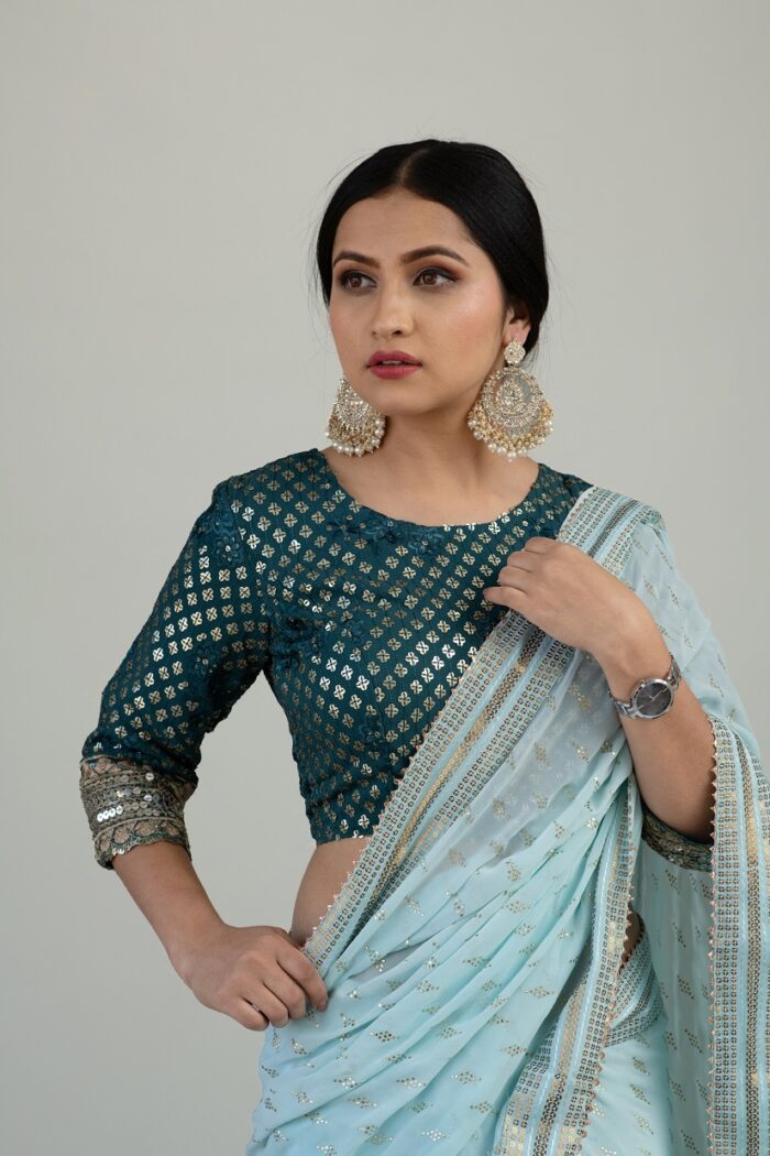 Sky blue light color saree with designer cut blouse fabric - Image 7