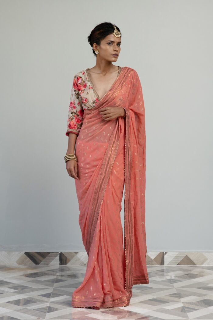 Designer Flamingo Pink saree with velvet blouse - Image 2