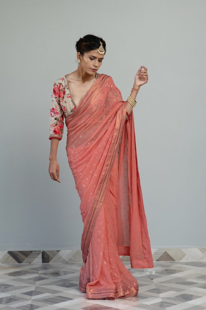 Designer Flamingo Pink saree with velvet blouse - Image 5