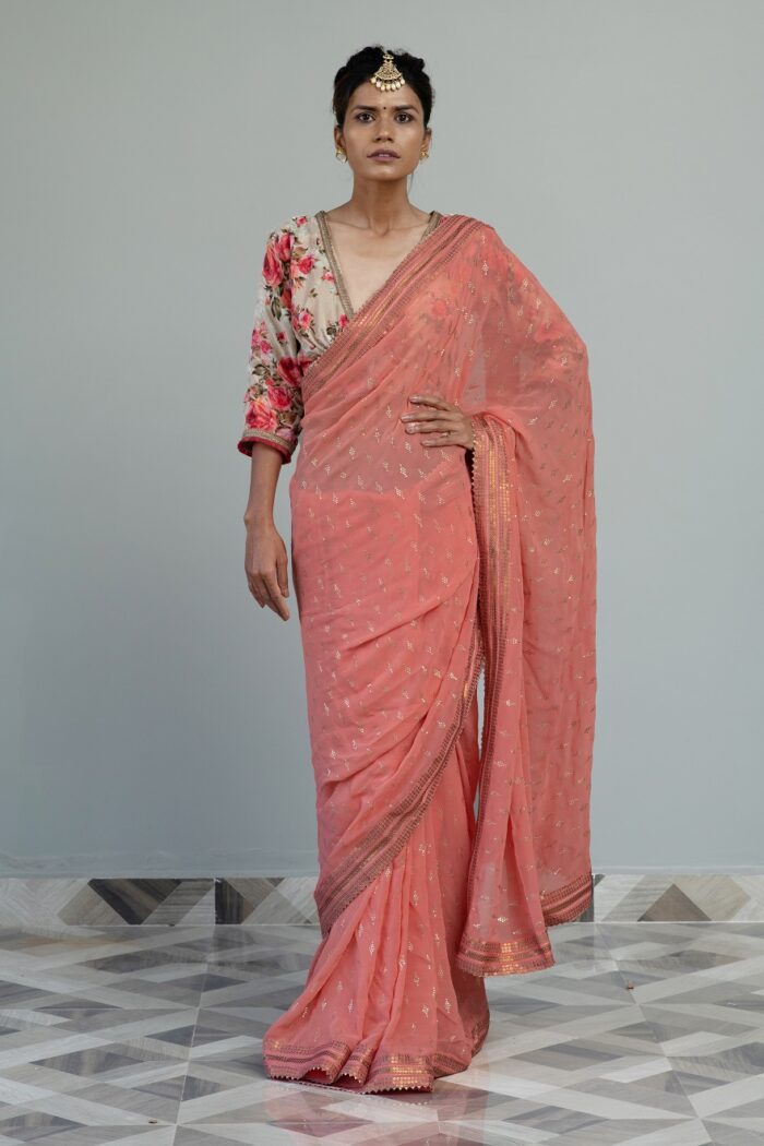 Designer Flamingo Pink saree with velvet blouse - Image 3
