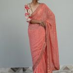 Designer Flamingo Pink saree with velvet blouse