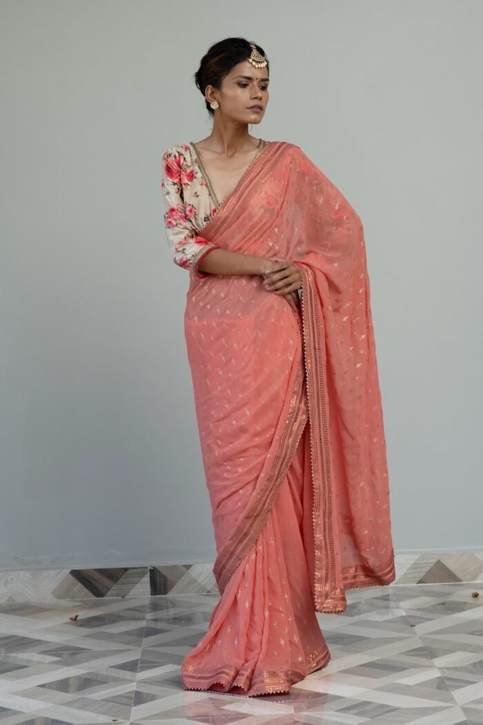 Designer Flamingo Pink saree with velvet blouse - Image 1