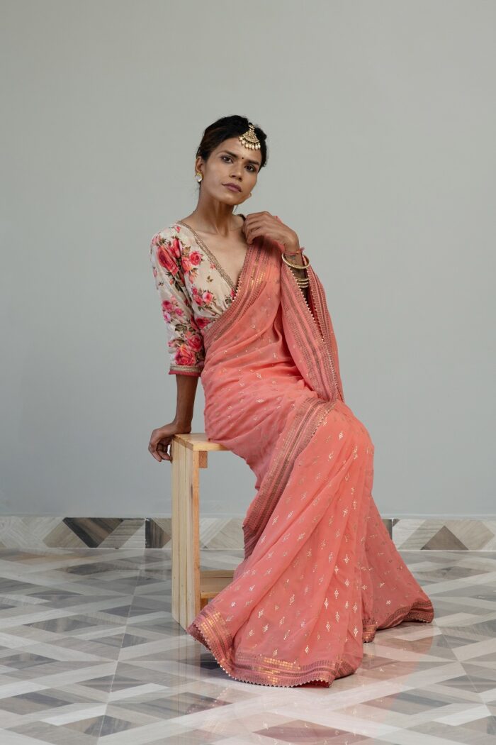 Designer Flamingo Pink saree with velvet blouse - Image 6