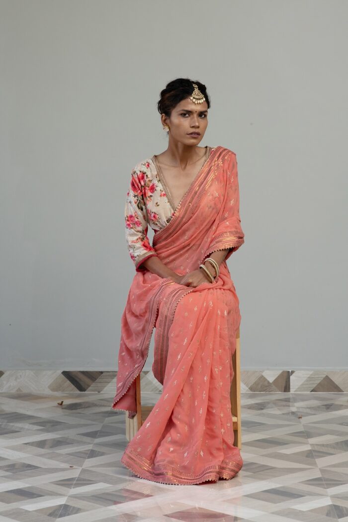 Designer Flamingo Pink saree with velvet blouse - Image 7