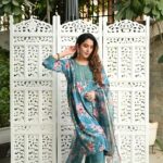 Teal Printed Velvet Suit Set