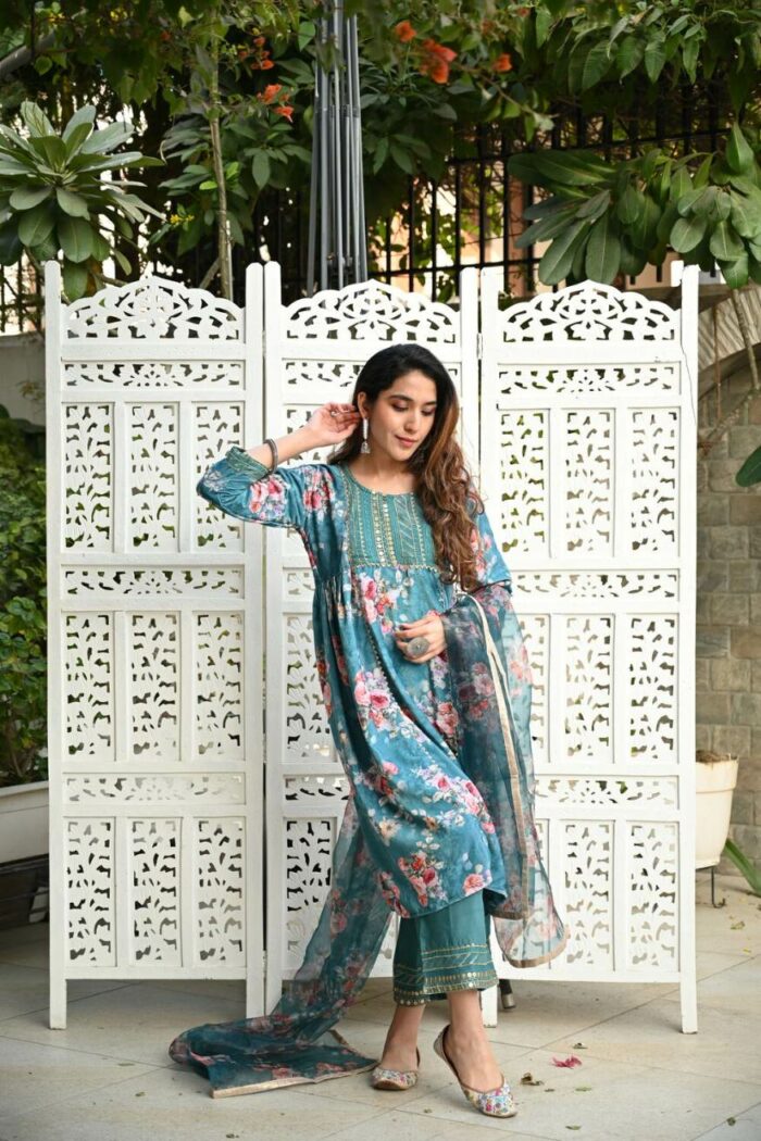 Teal Printed Velvet Suit Set - Image 1