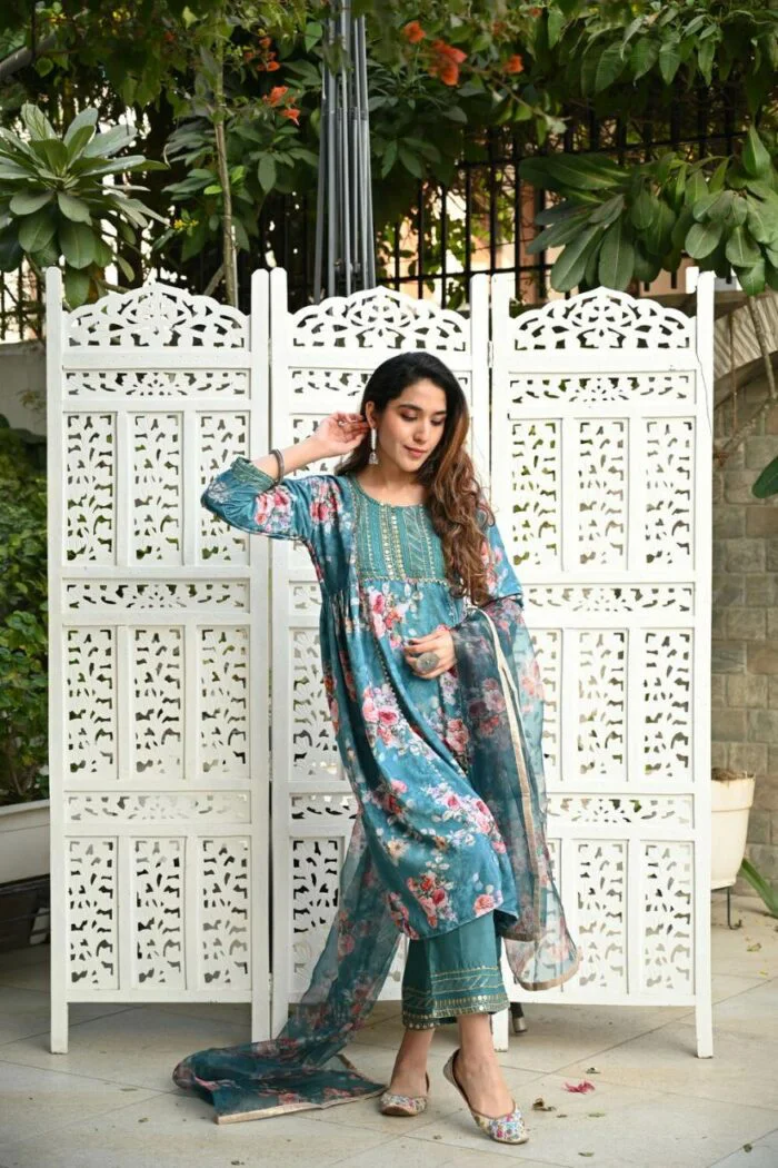 Teal Printed Velvet Suit Set - Image 1