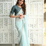 Sky blue light color saree with designer cut blouse fabric