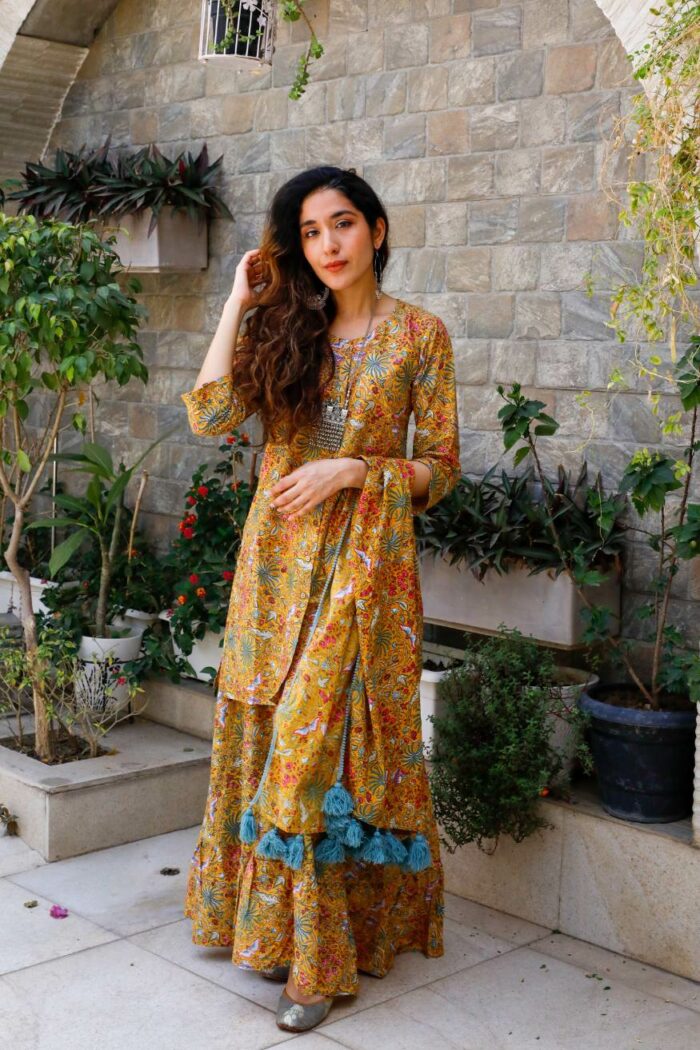 Sharara style 3-piece Musturd yellow cotton set with co-ord duppata - Image 1