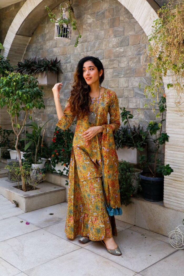 Sharara style 3-piece Musturd yellow cotton set with co-ord duppata - Image 2