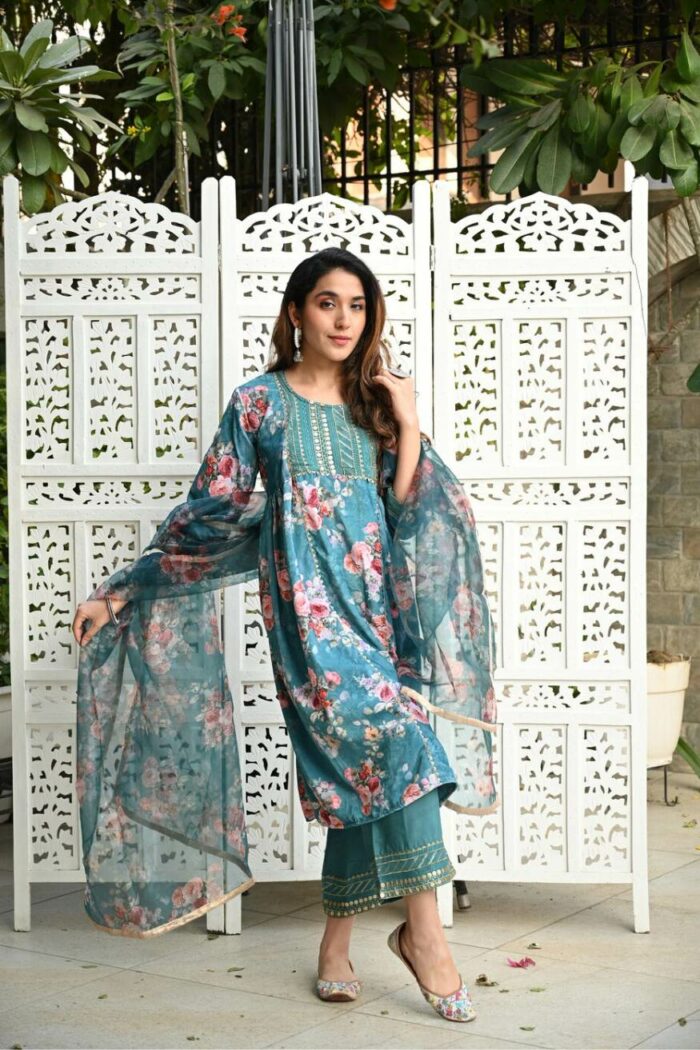 Teal Printed Velvet Suit Set - Image 2