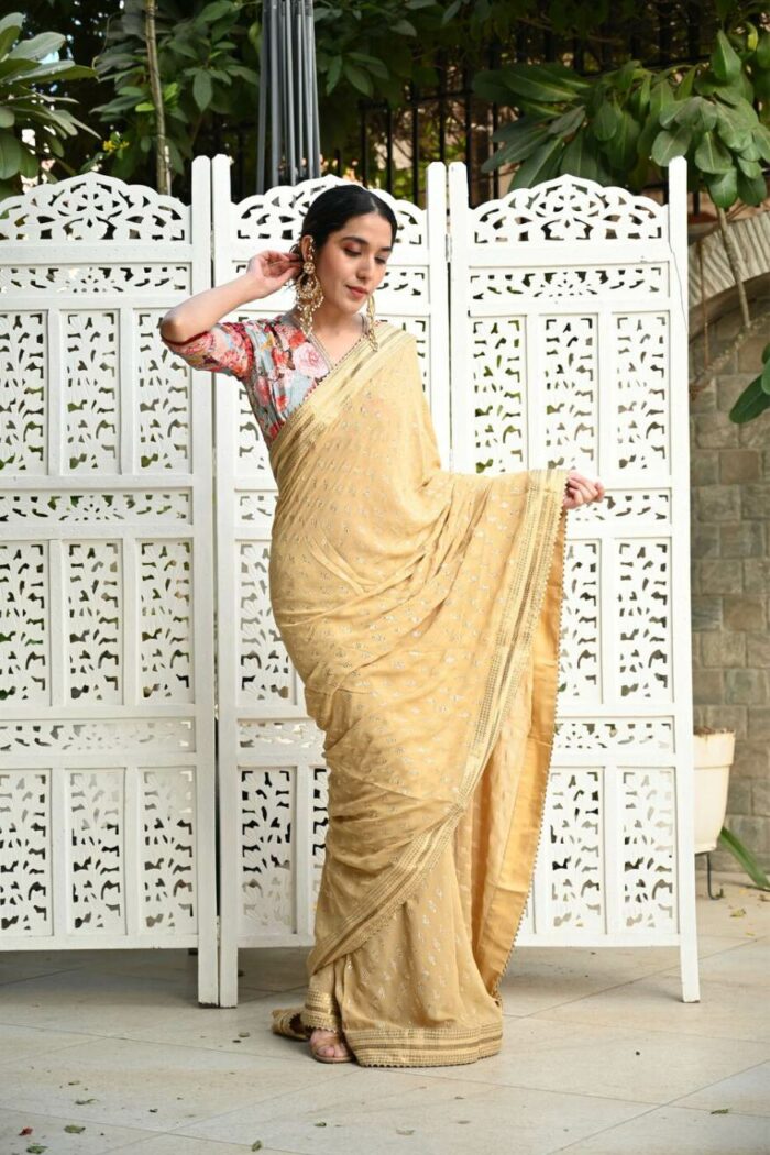 Papaya whip color designer saree with velvet blouse - Image 1