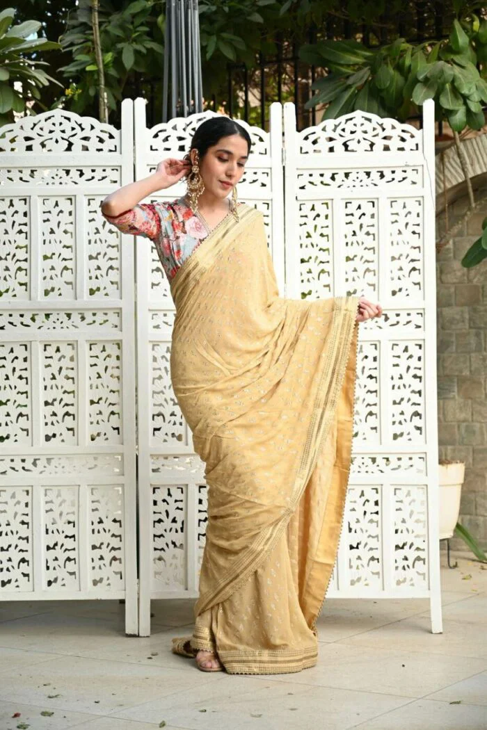 Papaya whip color designer saree with velvet blouse - Image 1