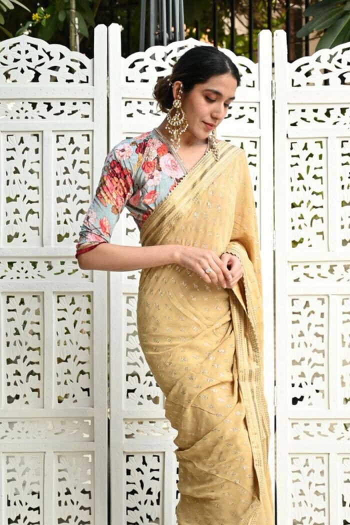 Papaya whip color designer saree with velvet blouse - Image 2