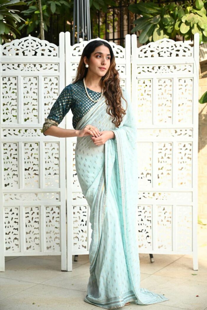 Sky blue light color saree with designer cut blouse fabric - Image 3